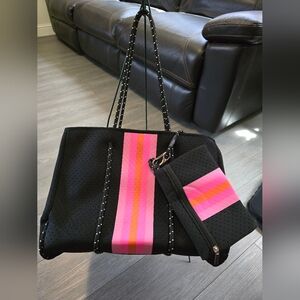 Haute Shore tote bag, black with pink and orange stripe